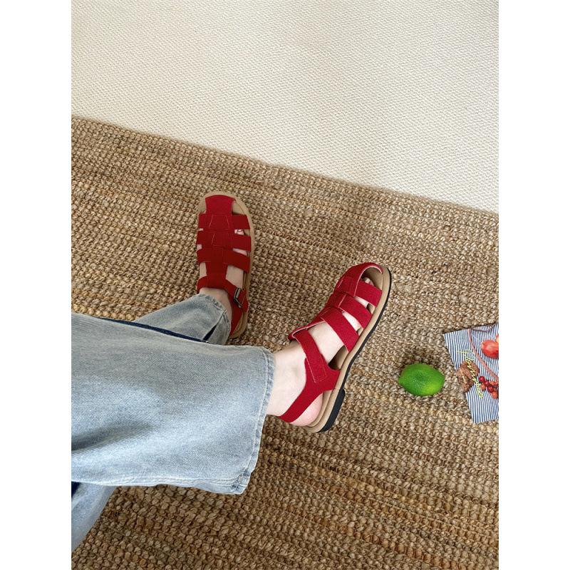 2025 spring and autumn new fashion versatile retro Mori woven bag head sandals women's fashion casual flat sand