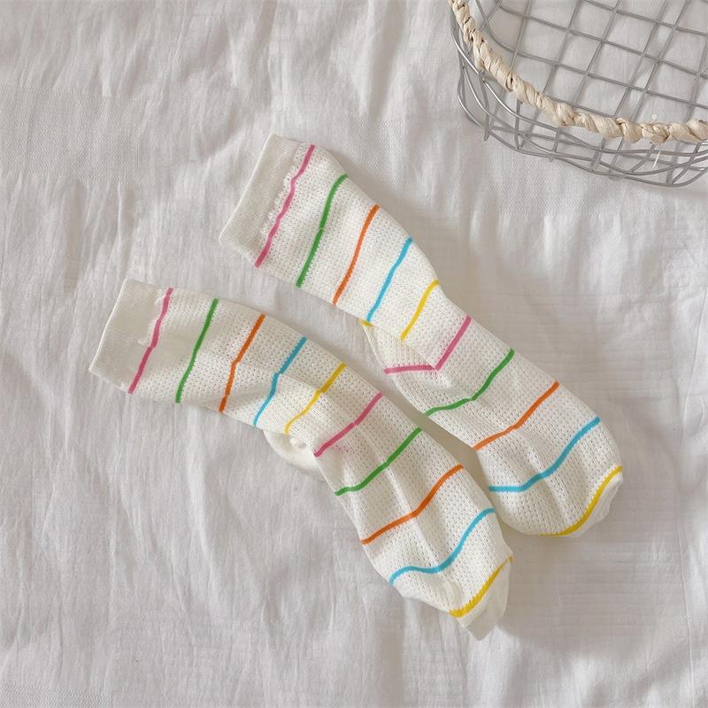 Ladies Spring and Summer Thin Striped Star Color Polka Dot Lovely Breathable Mesh Hollow Tube Stack Socks