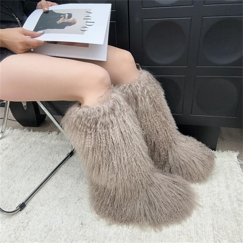 Winte Mongolian Wool Snow Boots Real Long Boots Warm Plush Platform Knee-High Boot Outdoor Furry Cute Over-The-Knee Girls Boots