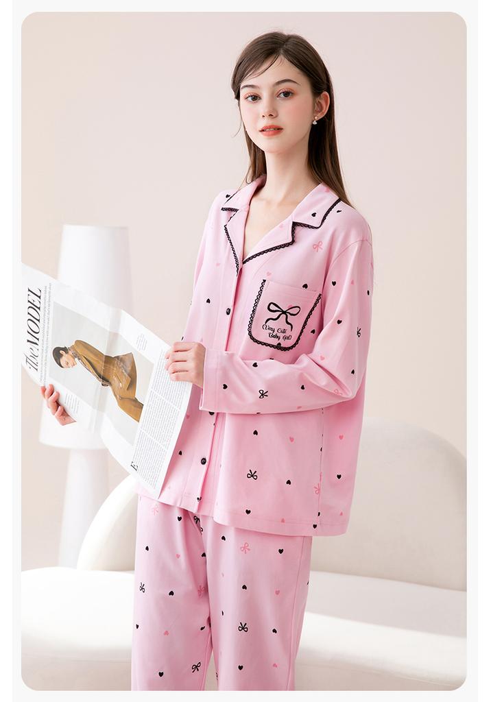 Fenteng Pure Cotton Collar Cardigan Sleepwear Set for Girls and Women
