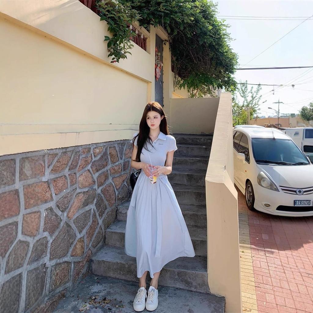 Korean POLO Collar Strap Short-sleeved Dress Women's Summer Niche Waist Unique Beautiful Blue A-word Long Skirt