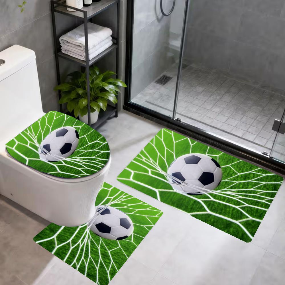 Soccer 3Pcs Bathroom Mat Set Toilet Lid Cover And Rug Ushaped Bath Mats Nonslip Door Mat Decoration