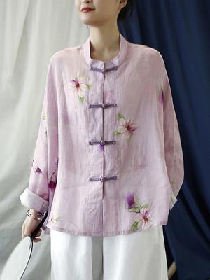 Women Vintage Bat Sleeve Shirts Autumn Print Floral Pink Ramie Blouses Turn Down Collar Female Shirts
