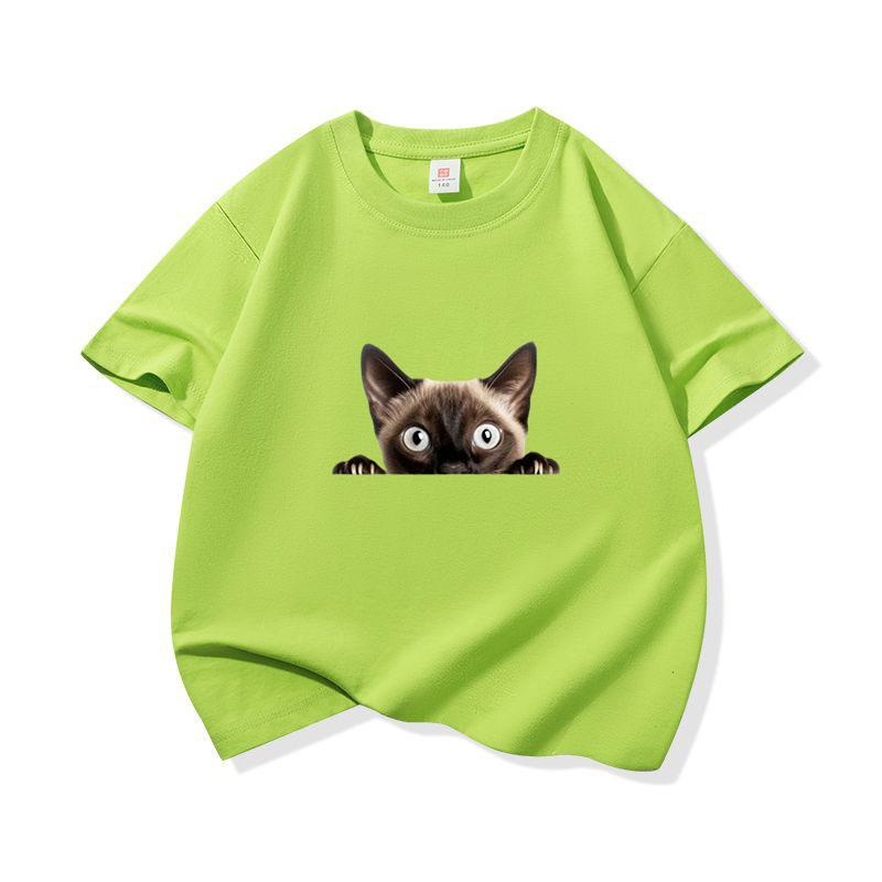 Kids Cotton T Shirt Peeking Cute Cat Pattern Print Crew Neck Short Sleeve Tee Casual Breathable Boys Girls Summer Tops