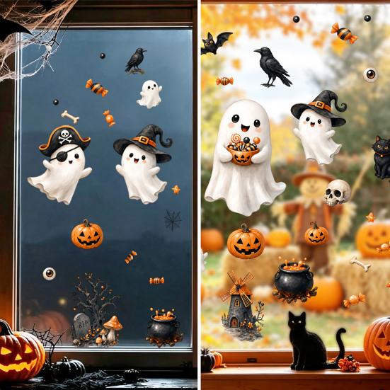 Creative Holiday Gifts Halloween Ghost Window Clings, Cute Pumpkin And Black Cat Static Stickers, PVC Party Atmosphere Props Waterproof Decals,