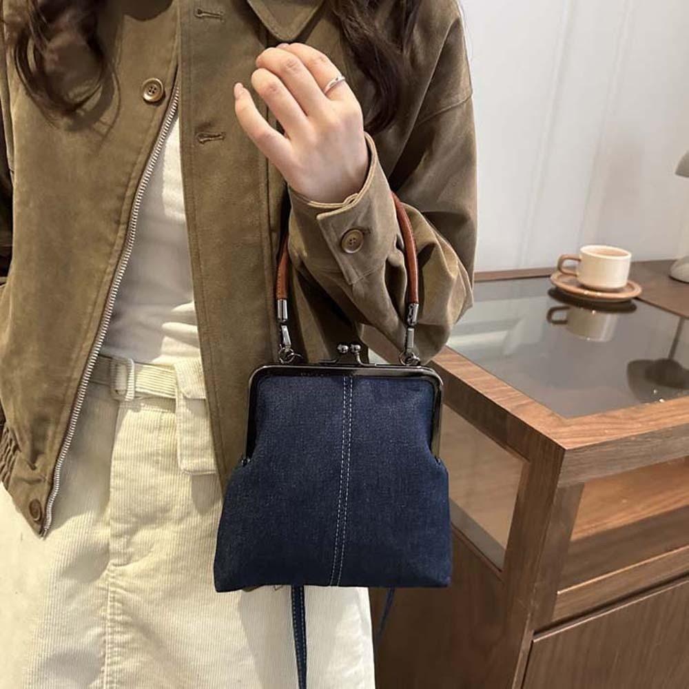 Elegant Kiss Lock Shoulder Bag Solid Color Large Capacity Denim Blue Crossbody Bag Messenger Pouch Purse Vintage Women's Handbag