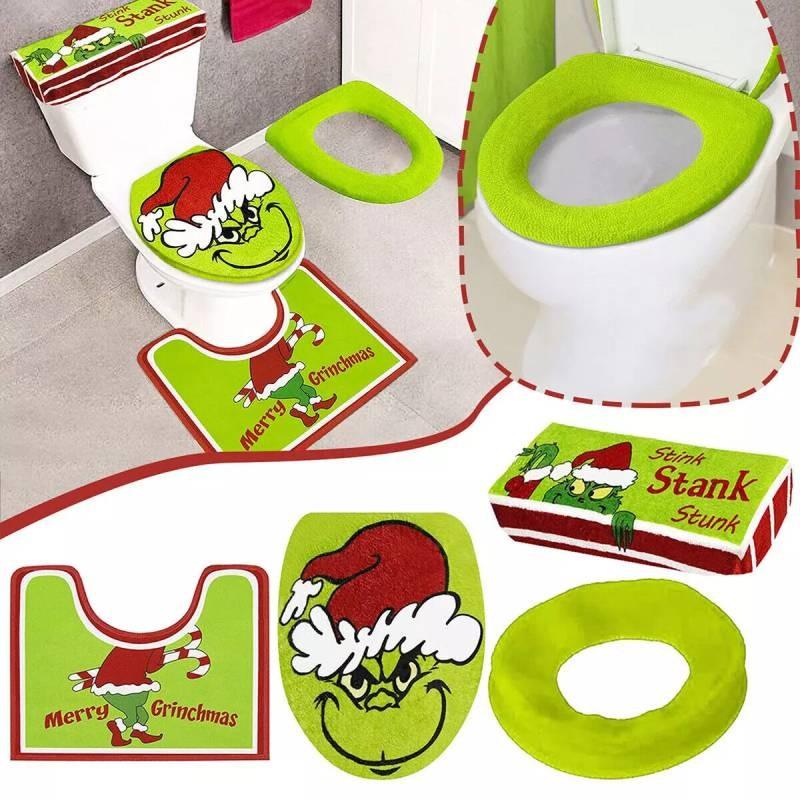 Set Decorazioni Bagno Natale Copriwater e Tappetino Verde Festivo del Grinch