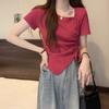 Summer 2025 New Square Collar Fashionable Short-sleeved Top Korean Version of Pure Desire Wind Irregular Drawstring Chic T-shirt