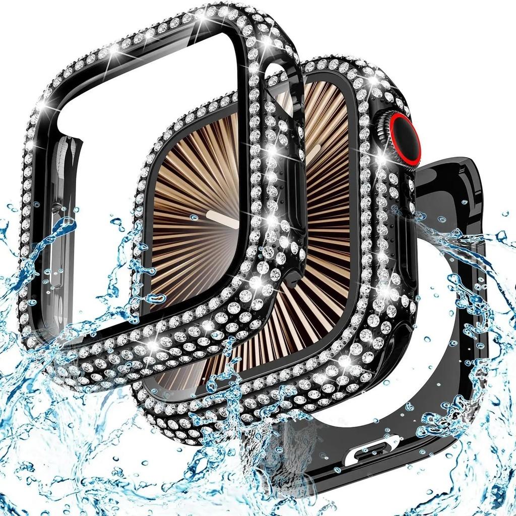 Bling Glass+Cover Case Diamond PC Bumper+Screen Protector For Apple Watch 45mm 44mm 40 41mm Iwatch Series 10 46mm 42mm 9 8 7 5 6