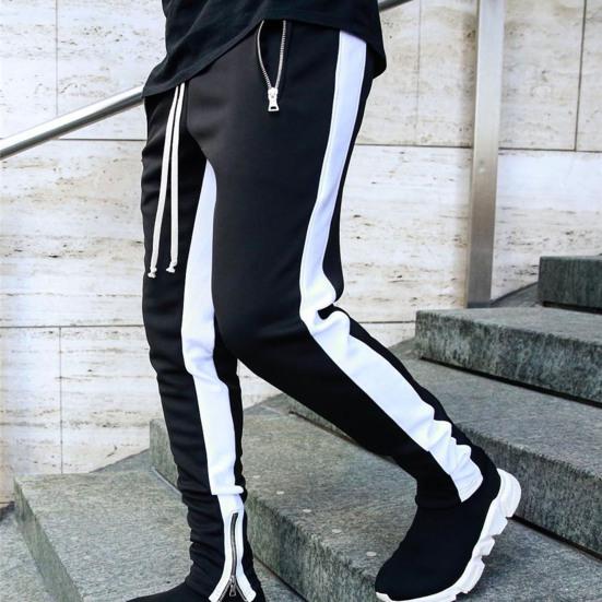 Men Sweatpants Contrast Colors Elastic Waist Drawstring Breathable Autumn Trousers for Jogging