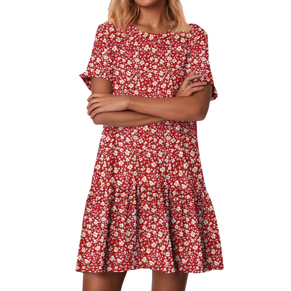 Damska Moda Casual Okrągły Dekolt Krótki Rękaw Falbanki Sukienki w Stylu Vintage z Nadrukiem