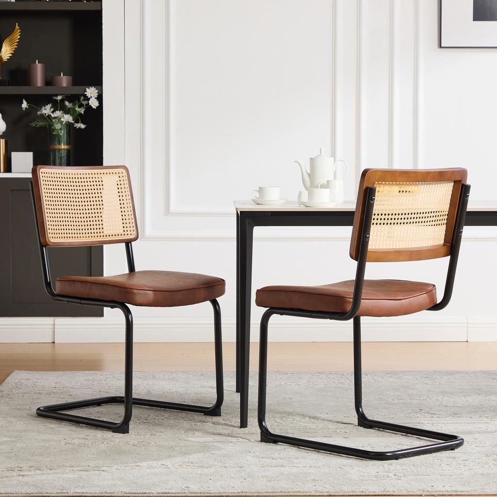 Modern Rattan Dining Chair with Black Metal Frame - Vintage Style Side, Synthetic Cane Back & PU Leather Seat for Kitchen, Living Room, Bedroom-Brown