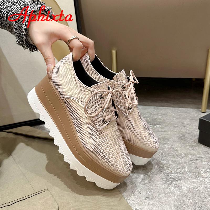 Aphixta Flat Platform Shoes Woman Lace-up 7cm Shoes Gingham Height Increaming Women's Shoes Ladies Plus Big Size 42
