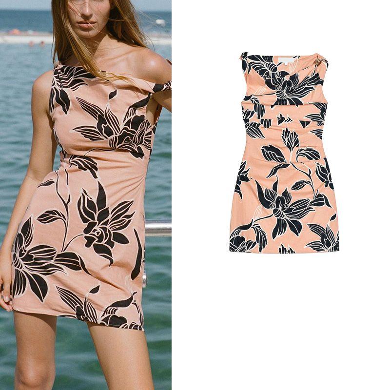 Summer New Product Women's Clothes Seaside Holiday Style Linen Blend Print Sleeveless Mini Dress 2587059