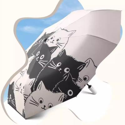 Cartoon Cat Automatic Umbrella Rain or Shine Black and White Folding Travel Umbrella Portable Sunshade