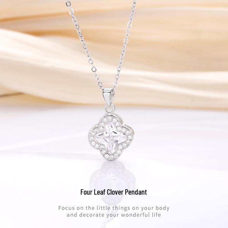 Diamond-Accented Four-Leaf Clover Pendant S925 Sterling Silver Necklace - Elegant and Versatile Collarbone Chain