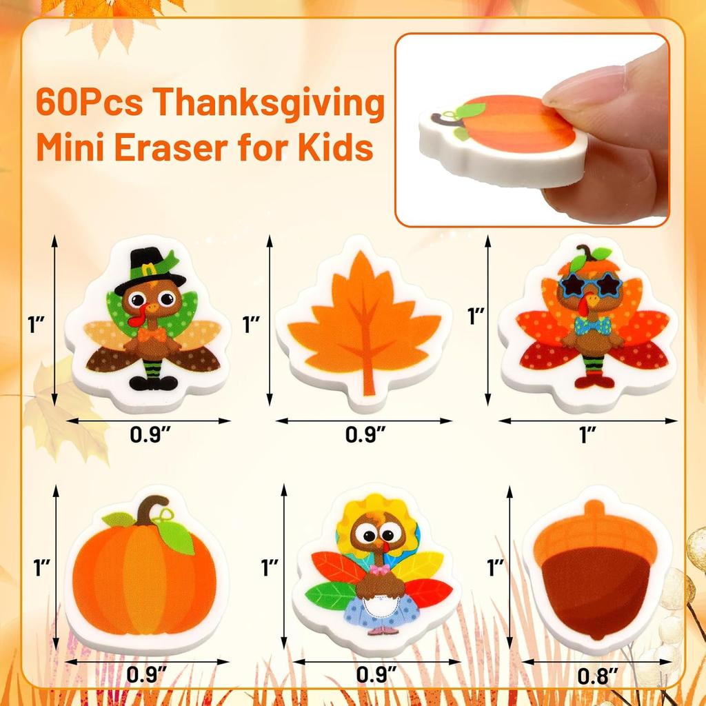 Ceiba Tree 60Pcs Thanksgiving Mini Erasers for Kids Bulk Turkey Maple Leaf Pumpkin Acorn Pencil Erasers Stationery for Student Classroom Prizes