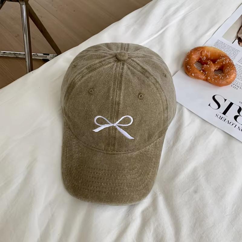 Pink Bow Baseball Cap for Women JK Korean Washed Cotton Snapback Hat Summer Adjustable Embroidered Girls Dad Hats