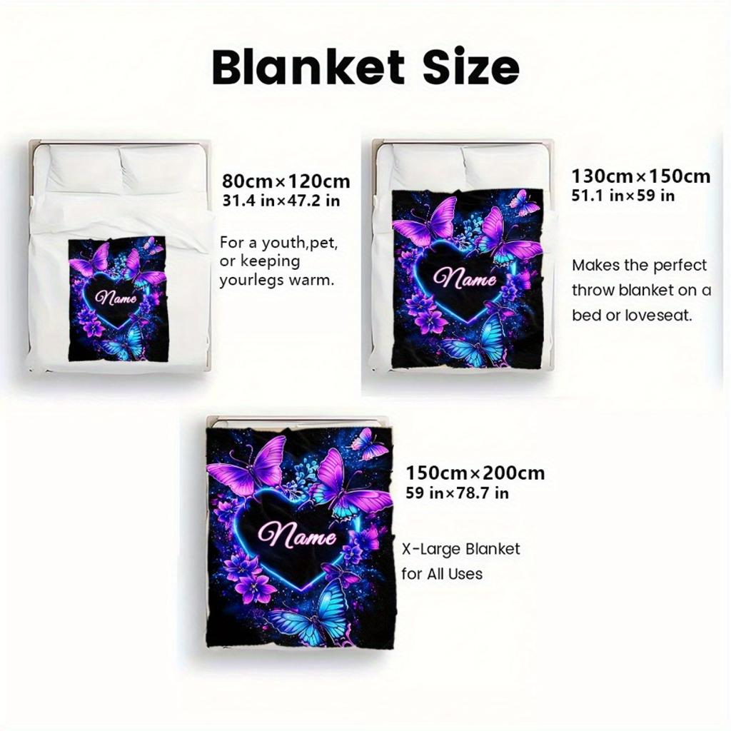Neon Purple Blue Butterfly Heart Flannel Throw Blanket Personalized Floral Butterfly Sofa Bed Blanket