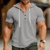 Camiseta Masculina de Verão com Textura Waffle, Manga Curta, Ajuste Slim, com Capuz e Cordão, Estilo Rugby