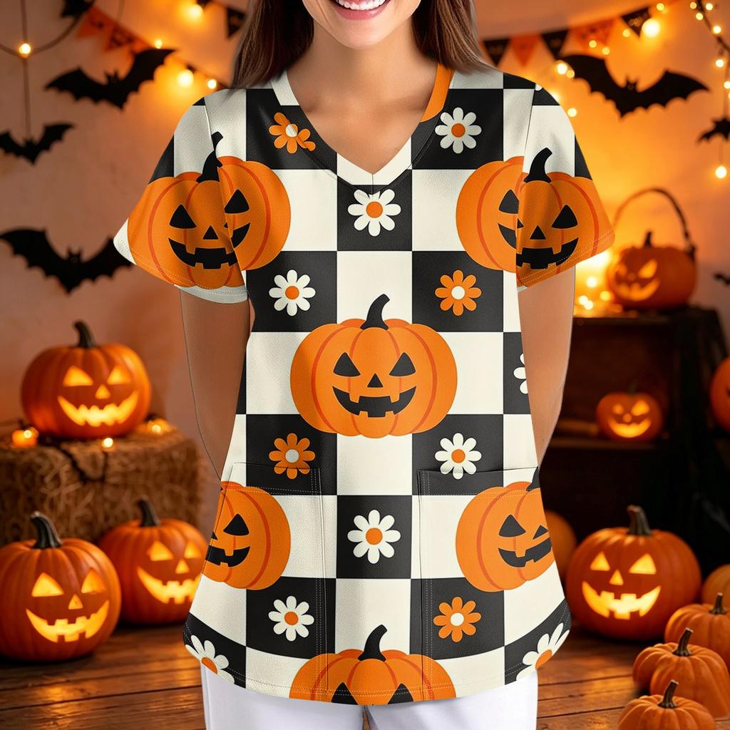 Women's Halloween Print Loose Fit V Neck Short Sleeve Medical Scrub Top with Pockets Comfortable Workwear for Healthcare Professionals