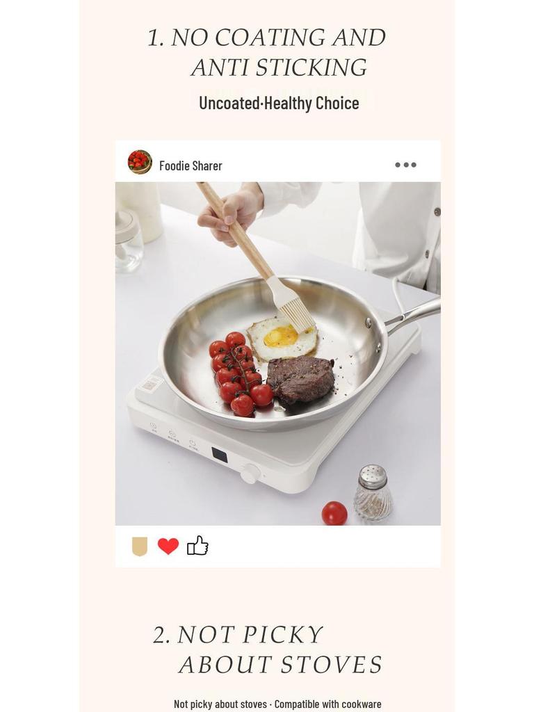 Uncoated 304 Stainless Steel Flat-Bottom Frying Pan for Induction Cookers - Non-Stick Egg Wok