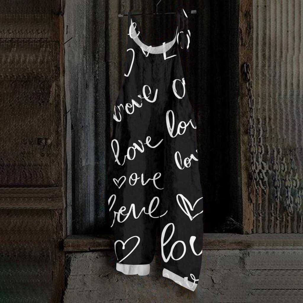 Women's Heart,shaped Printed Casual Loose Retro Overalls Cotton and Linen One,piece Pants