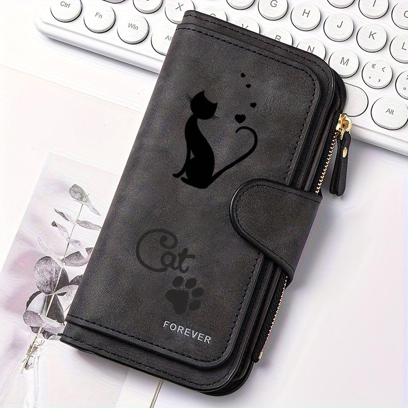 Women's Long Wallet with Black Cat Pattern 1PC Multi-functional Portable Snap Closure Coin Purse Ideal for Cat Lovers Birthday Gift Daily Commute