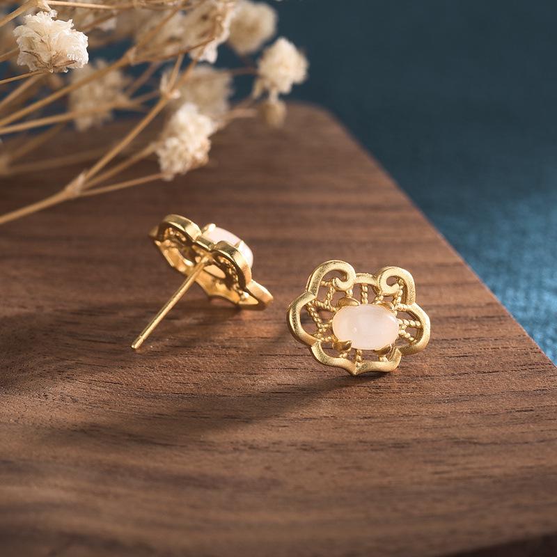 Kolczyki Meilong Ancient Gold Ruyi z Zamkiem Pokoju z Agatem Chalcedonowym