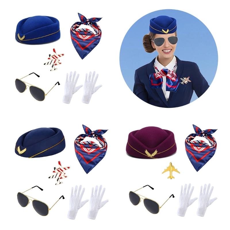 Airline Captain Costume Make Up Set Stewardess Make Up Hat Comfortable Fabric Uniform for Theme Event