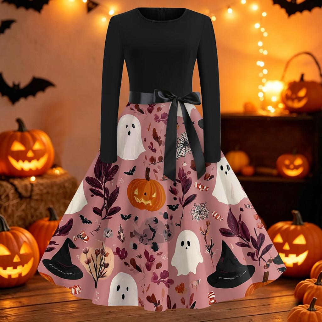 Womens Casual Fit and Flare Dress Long Sleeve Round Neck Halloween Print Dress with Flared Skirt and Waist Tie Belt