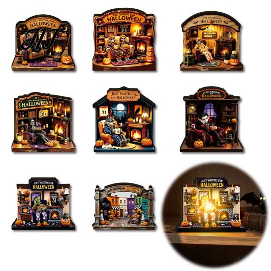 LED Halloween Scenes Vintage Glowing Wooden Tabletop Decor, Light Up 3D Scene Display Spooky Desktop Ornaments for Party, Festive Home Ornament Tiered