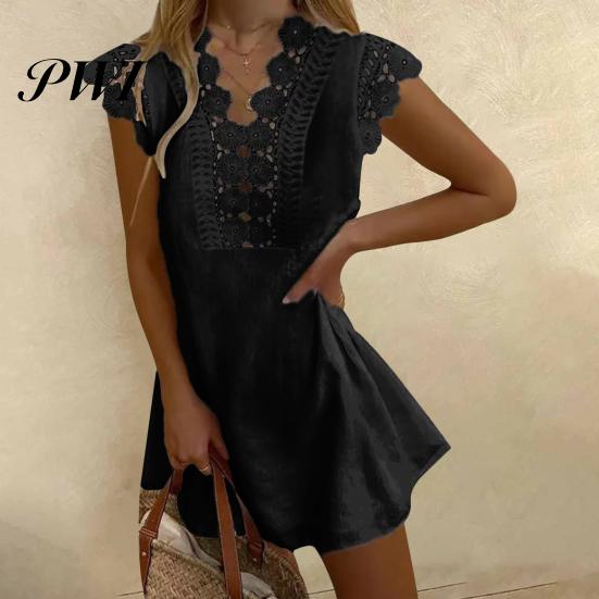 Lace Dress Women Hollow Out Summer Flower Pattern A-Line for Daily Wear Mini