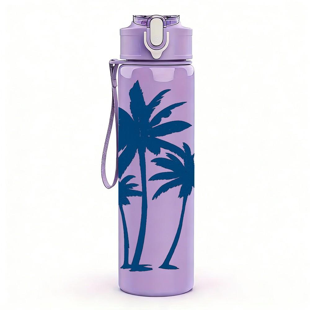 1PC Twin Palm Tree Minimal Line Art 750ml Color Plastic Sports Water Bottle Leakproof Flip Straw Lid Suitable for Sports Office Home Use