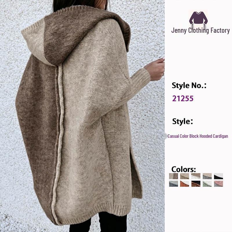Color Block Hooded Knit Cardigan - Women's Mid-Length Outerwear for Autumn/Winter 2025
