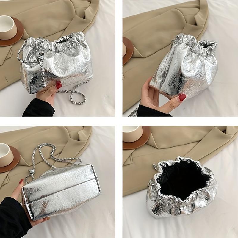 Women's Metallic PU Leather Shoulder Bag Fashionable Chain Strap Bucket Crossbody Purse Elegant Design Women's Evening Dress Bridal Wedding Handbag