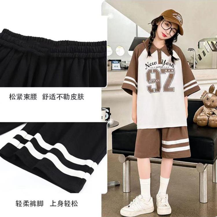 Zomer Casual Meisjes Contrast Gestreept Preppy T-shirt Tops+Korte Broek Sets Schoolkinderen Trainingspak Kind 2 Delig Outfit 5-16 Jaar