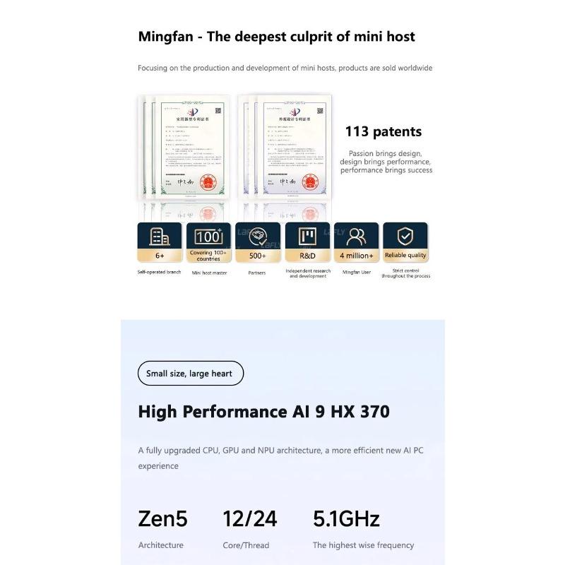 MINISFORUM AI X1 370  Mini PC AMD Ryzen AI 9 HX 370 96GB DDR5 2TB WiFi 7 Dual 2.5G LAN Copilot AI 135W Adapter Office PC Gaming