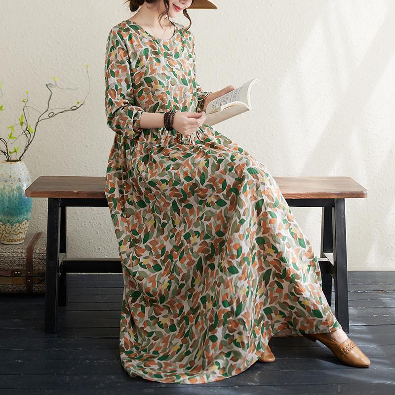 DIMANAF 2024 Rochie de primăvară mărime Plus pentru femei, rochie boemă ocazională cu imprimeu floral, rochie lejeră pentru plajă, decolteu O, verde, femeie