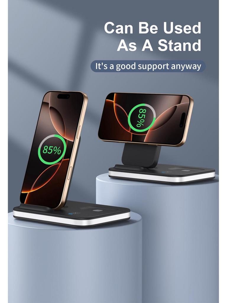 15W Foldable Magnetic Stand: 3-in-1 Wireless Charger for Phone, Watch & Earbuds