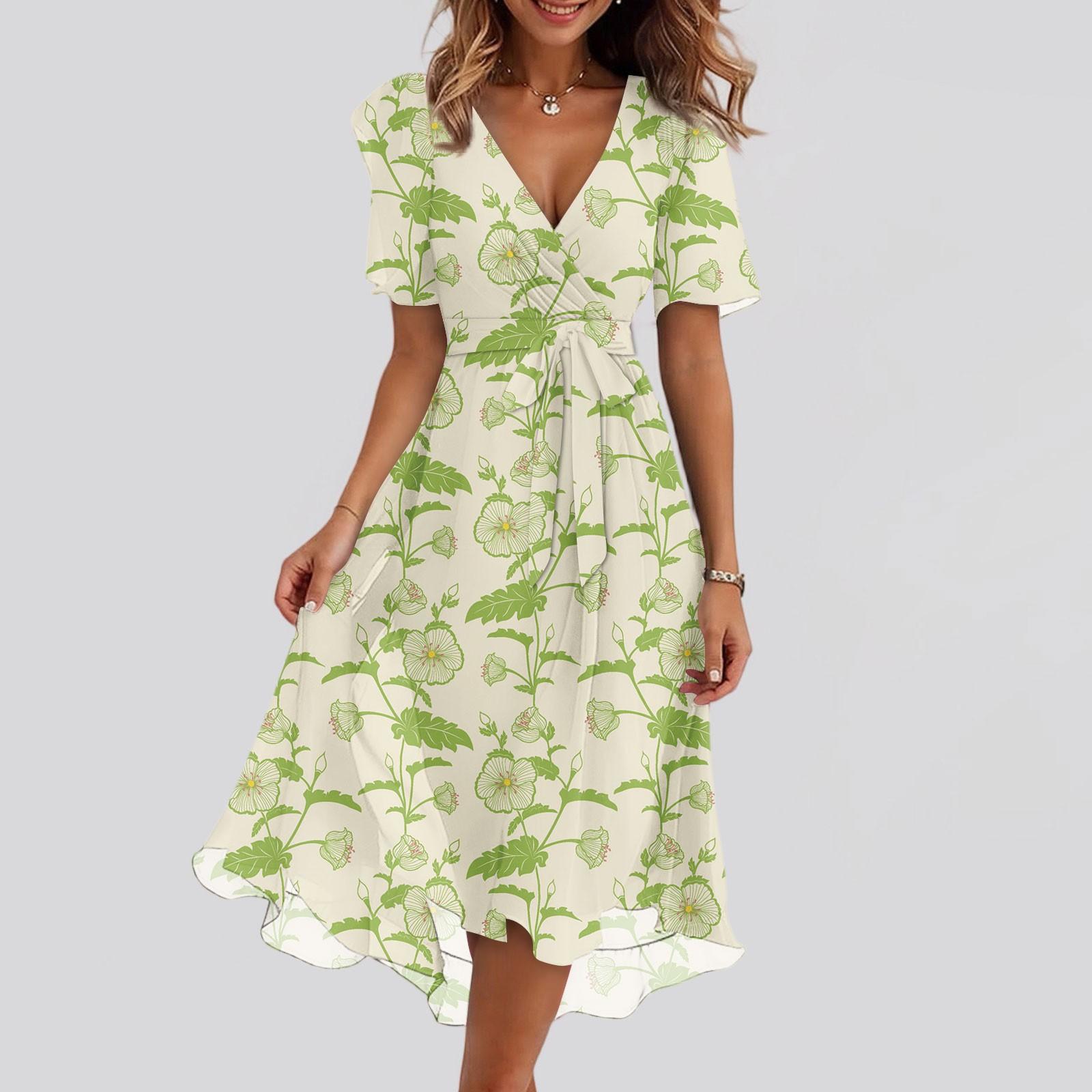 

Женский летний повседневный сарафан миди с цветочным принтом, запахом, V-образным вырезом, оборками, капюшоном, короткими рукавами, поясом, А-силуэта, с оборкой по подолу XL