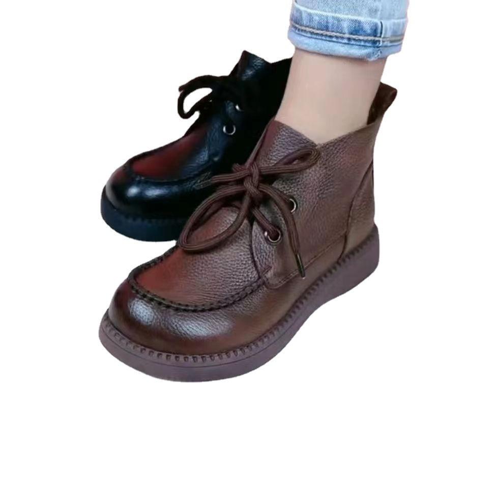 Autumn new mother shoes single shoes soft leather comfortable flat bottom deep mouth velvet lace up round head retro casual single shoes