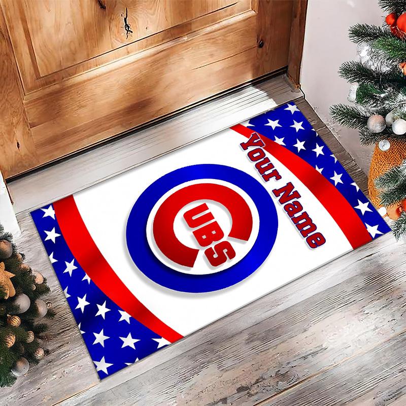 Chicago Cubs Crystal Velvet Rug, Custom Name Text Personalized Non‑Slip Floor Mat for Home Decor Gift