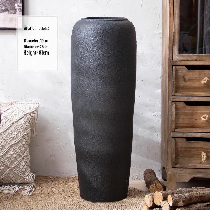 Jingdezhen Black Coarse Pottery Floor Vase: Modern Minimalist Japanese Decor for Hotel, Homestay, or Living Room.
