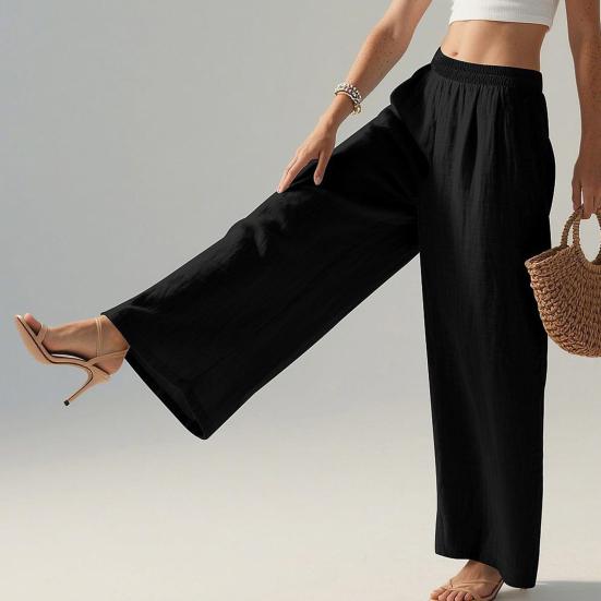 Damen Hose Hohe Taille Gerade Weiter Bein Lange Hose mit Elastischem Bund Tiefe Taschen Knitterarm Casual Hose