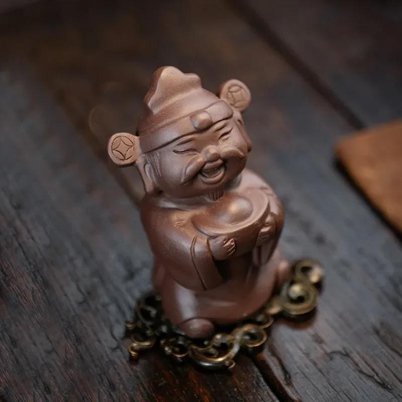 Chinese Yixing Handmade Sculpture Purple Clay Tea Pet Lucky Characters Tea Figurine Ornaments Tea Set Decoration Accessories