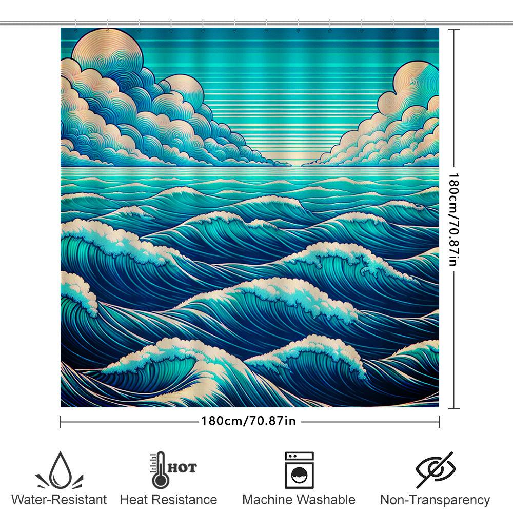 Ocean Blue Waves Shower Curtain With Clouds Waterproof Fabric For Bathroom Decor Artistic Modern Design 72X84 Inches
