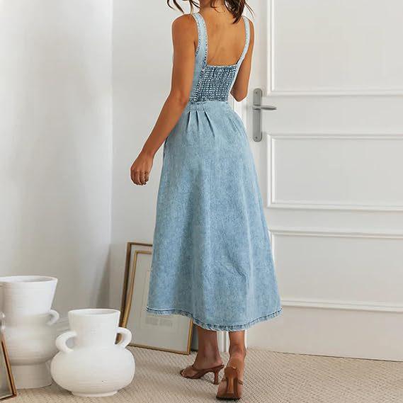 2026 Summer Women's Blue Denim Strappy Single-breasted Mid-length Dress