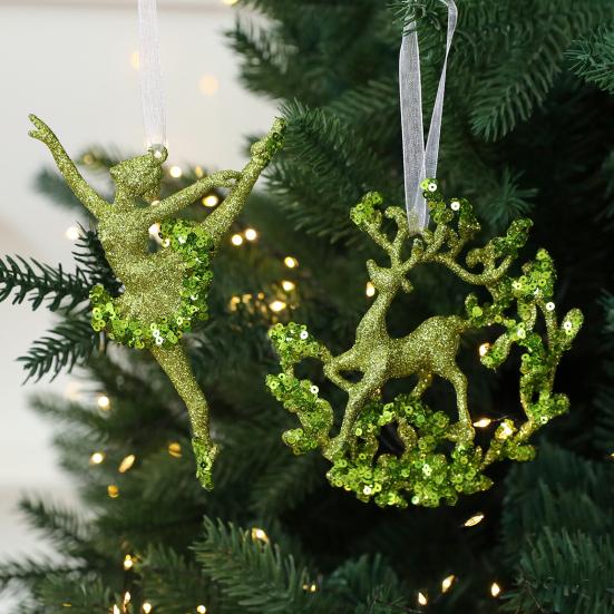 Glitter Christmas Ornaments Green Sequined Butterfly/Star/Reindeer Xmas Tree Hanging Decorations for Xmas Tree Holiday Home Party Decor