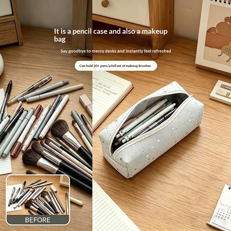 Multicolor Star Print Canvas Pencil Case Multi-Functional Portable Zippered Pen Pouch Large Capacity Portable Cosmetic Bag
